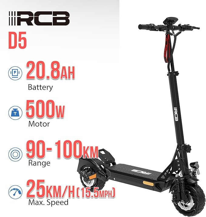 A black RCB D5 electric scooter is shown next to its specs: 20.8Ah battery, 500W motor, 90–100 km range, and a max speed of 25 km/h (15.5 mph). The scooter has thick tires and a sturdy frame.