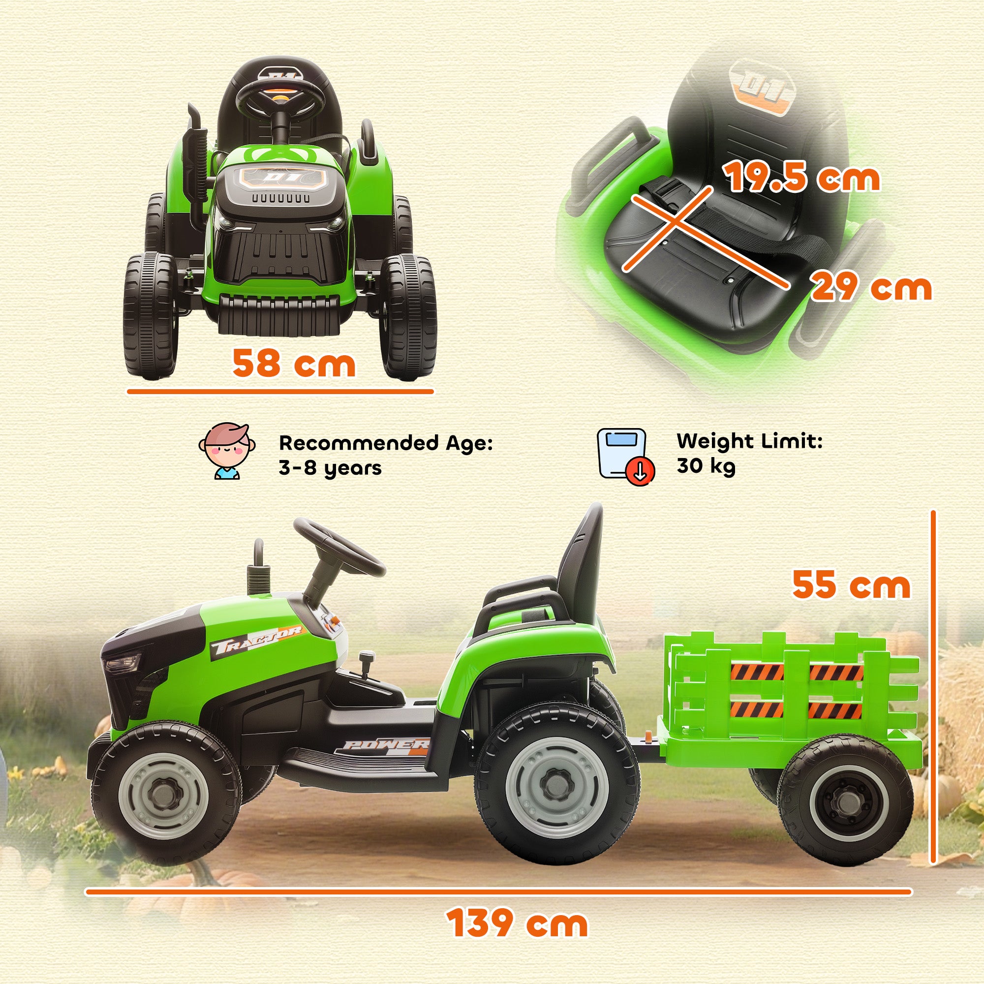 AIYAPLAY 12V Kids Ride-On Tractor with Trailer