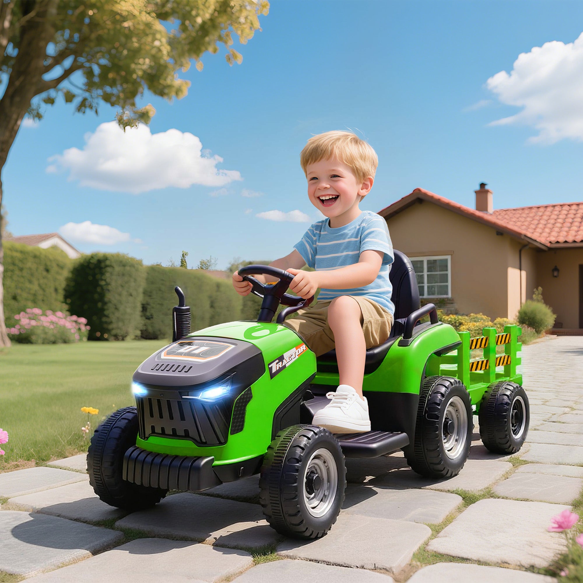 AIYAPLAY 12V Kids Ride-On Tractor with Trailer