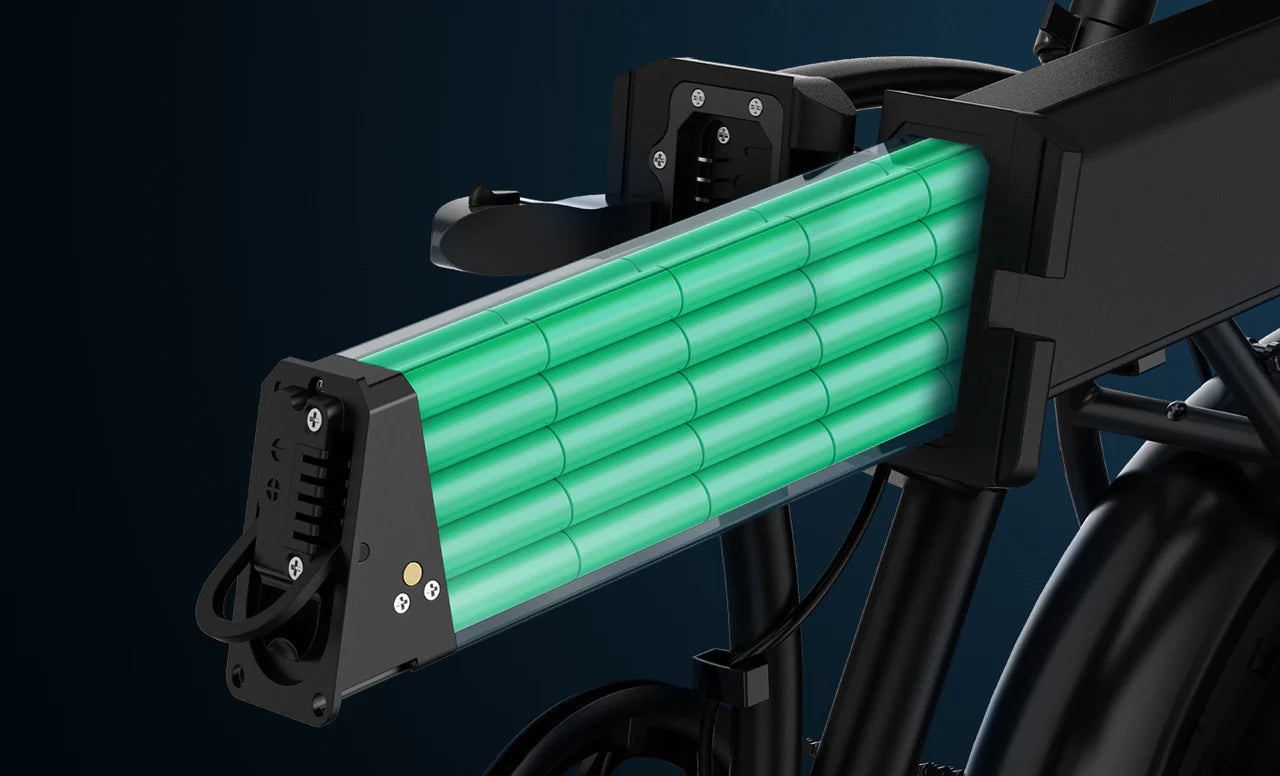 A close-up view of a partially removed green battery pack inside the frame of an electric bicycle, showing cylindrical battery cells and wiring against a dark background.