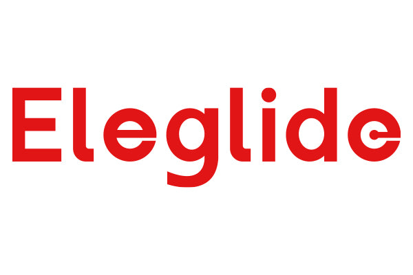 The image shows the word Eleglide in bold red letters on a white background. The letter e at the end has a horizontal line through its middle, giving it a unique design.