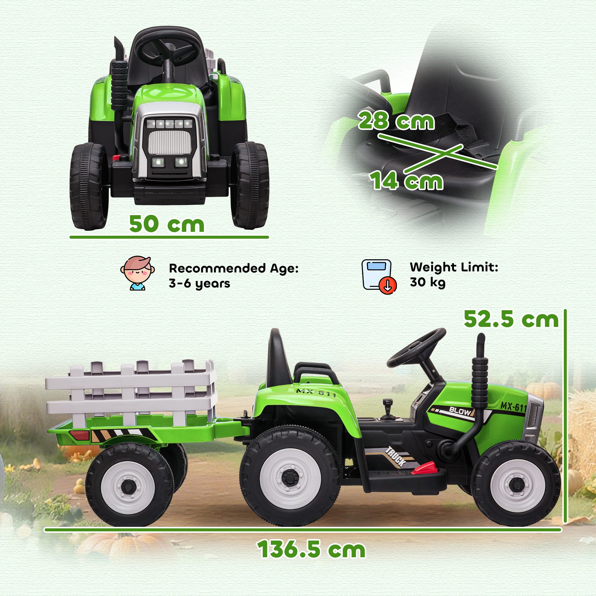 HOMCOM Kids Electric Ride-On Tractor with Trailer