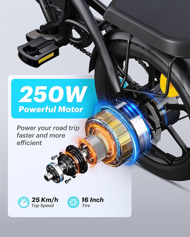 Close-up of an electric bicycle’s rear wheel highlighting a 250W powerful motor, with illustrated motor components. Overlay text shows specs: 25 km/h top speed and 16-inch tire. The design emphasizes speed and efficiency.