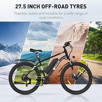 Electric mountain bike with 27.5-inch off-road tires is shown against a backdrop of mountains, desert, and a forested road, emphasizing versatility for various terrains. Text highlights flexible, stable, multi-condition use.