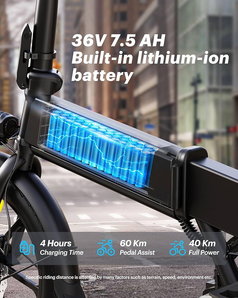 A close-up of an electric bike frame displaying a built-in lithium-ion battery with blue cells. Text highlights specs: 36V 7.5AH, 4-hour charge, 60 km pedal assist, and 40 km full power. City street background visible.