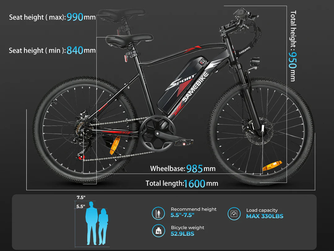 Samebike EBE2 Electric Bike size and dimensions