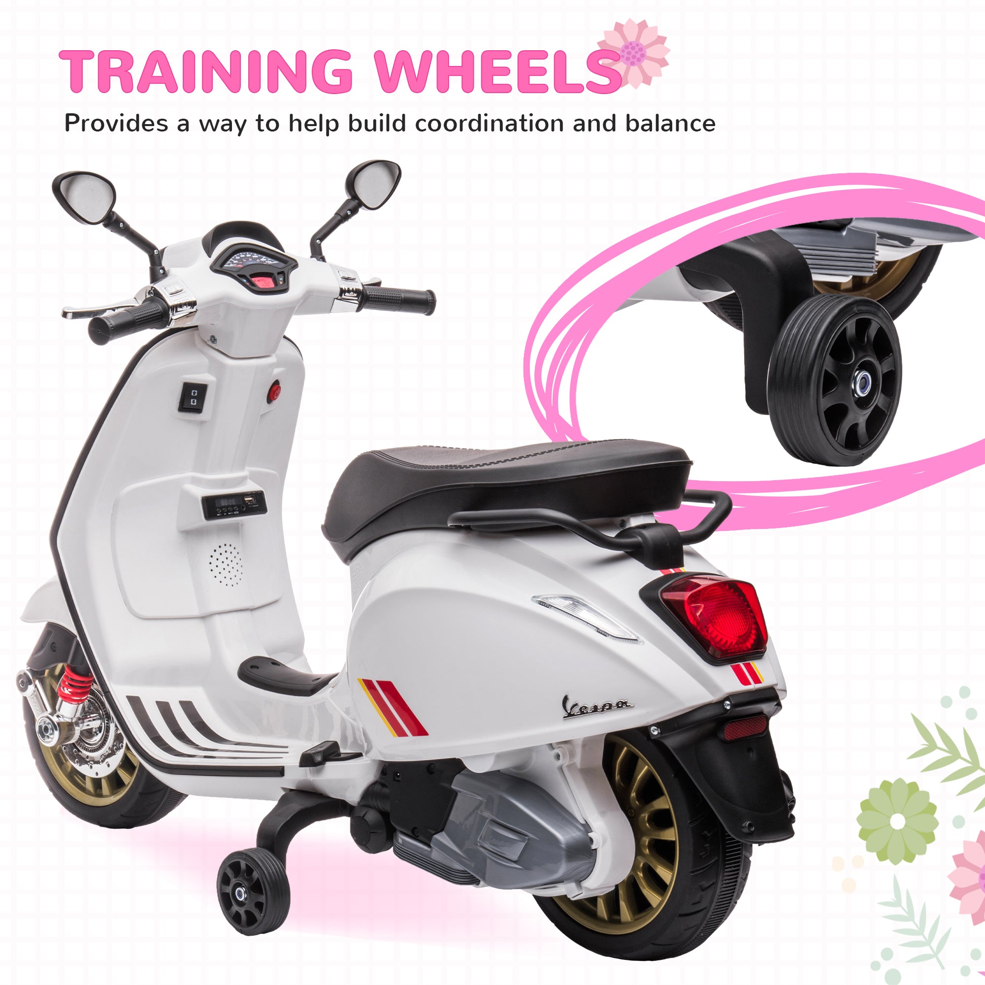 AIYAPLAY Vespa 12V Kids Electric Motorbike - White