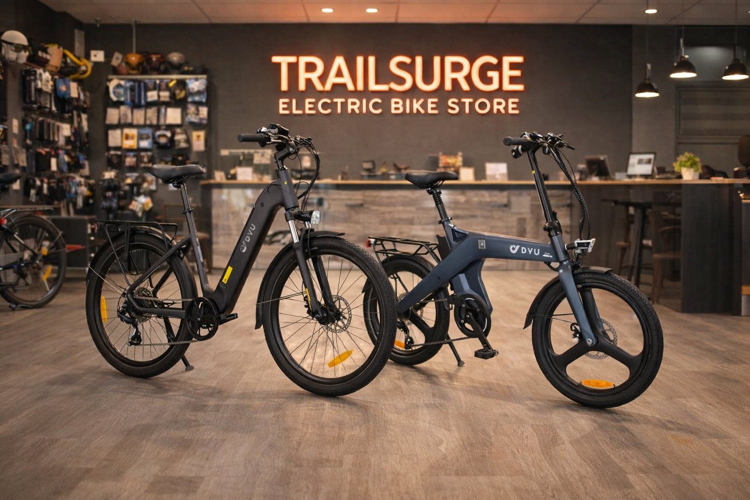 Two electric bikes displayed on a wooden floor inside a modern store with TRAILSURGE Electric Bike Store sign.