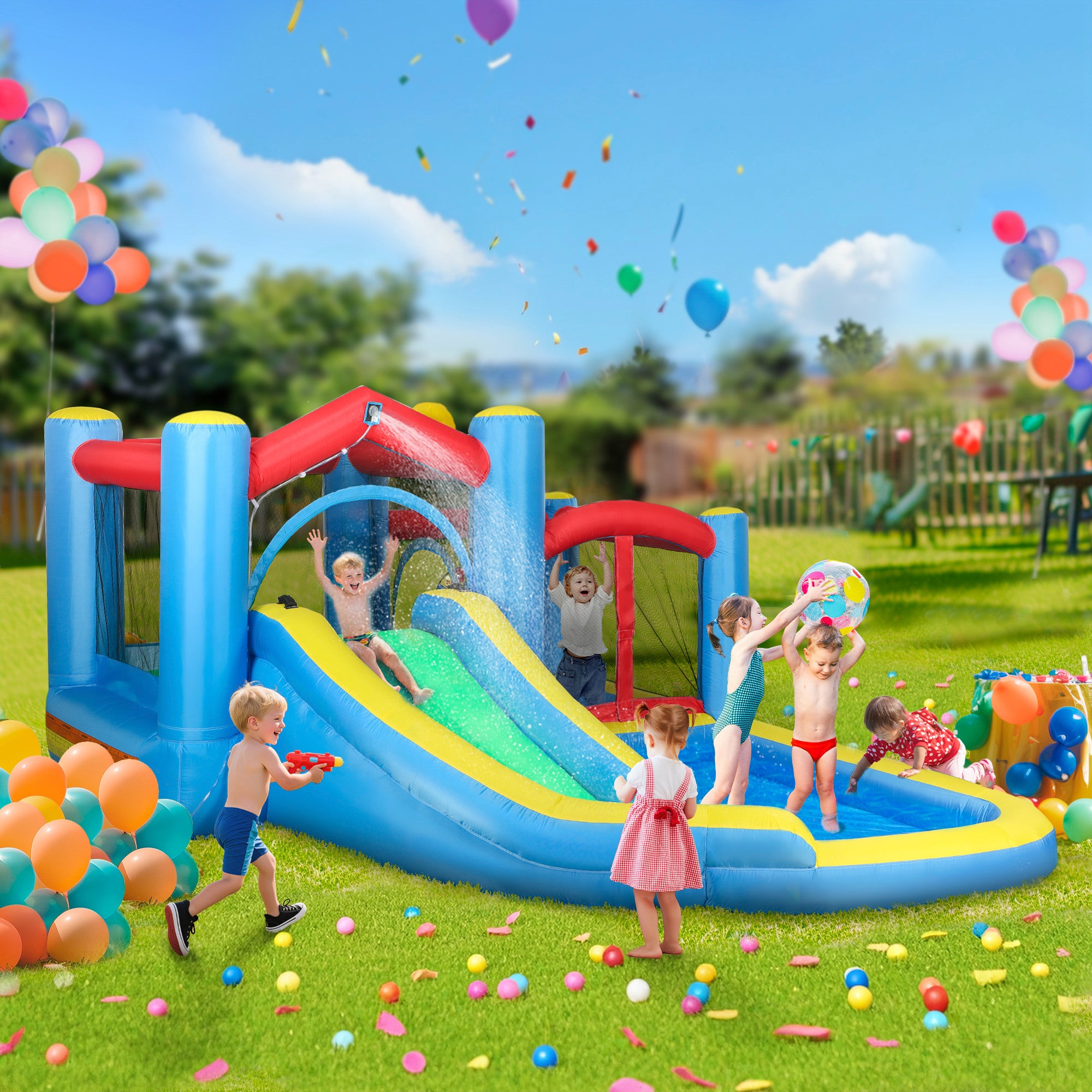 AIYAPLAY Bouncy Castle with Long Slide & Dart Board