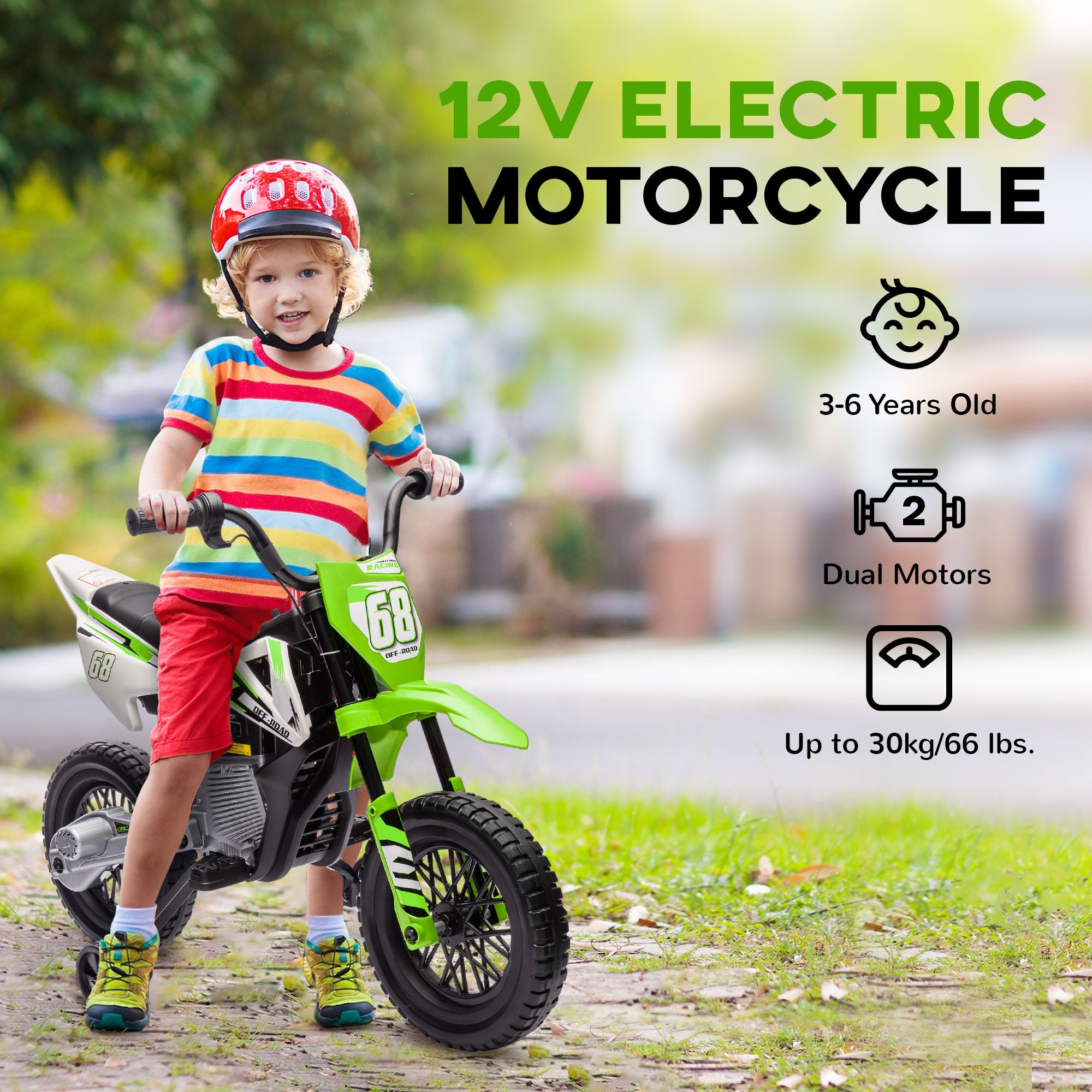 AIYAPLAY 12V Kids Electric Motorbike with Training Wheels