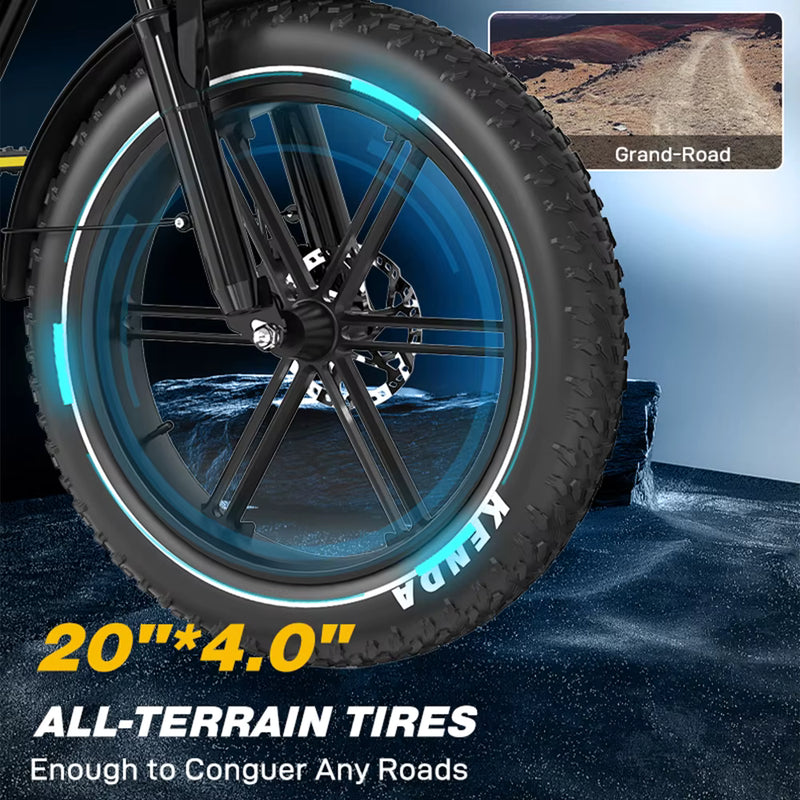 Close-up of a bicycle’s large all-terrain Kenda tire on rocky ground, with a small inset image showing a dirt road labeled Grand-Road. Text highlights the tire size 20*4.0 and promotes its versatility for any roads.
