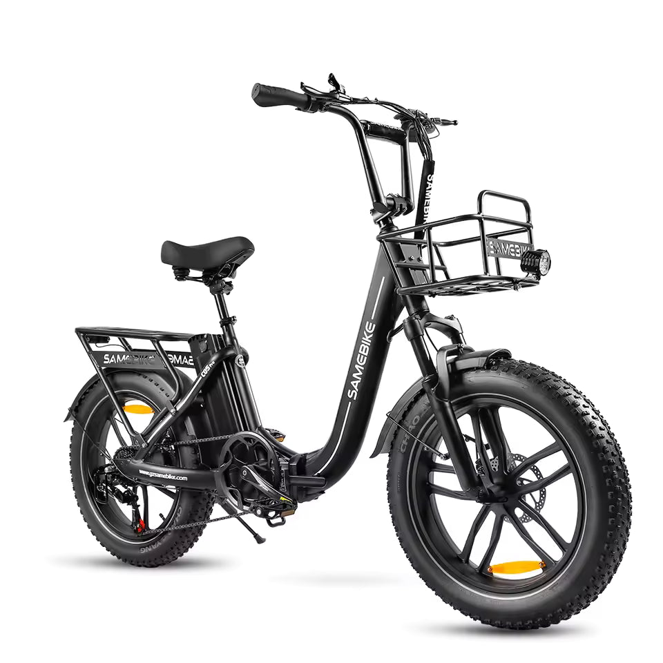 The SAMEBIKE C05 Pro Fat Tyre Electric Bike by Samebike features a 250W brushless motor, step-through black frame, lithium-ion battery, front and rear racks, front suspension, and a headlight mounted on the front rack.