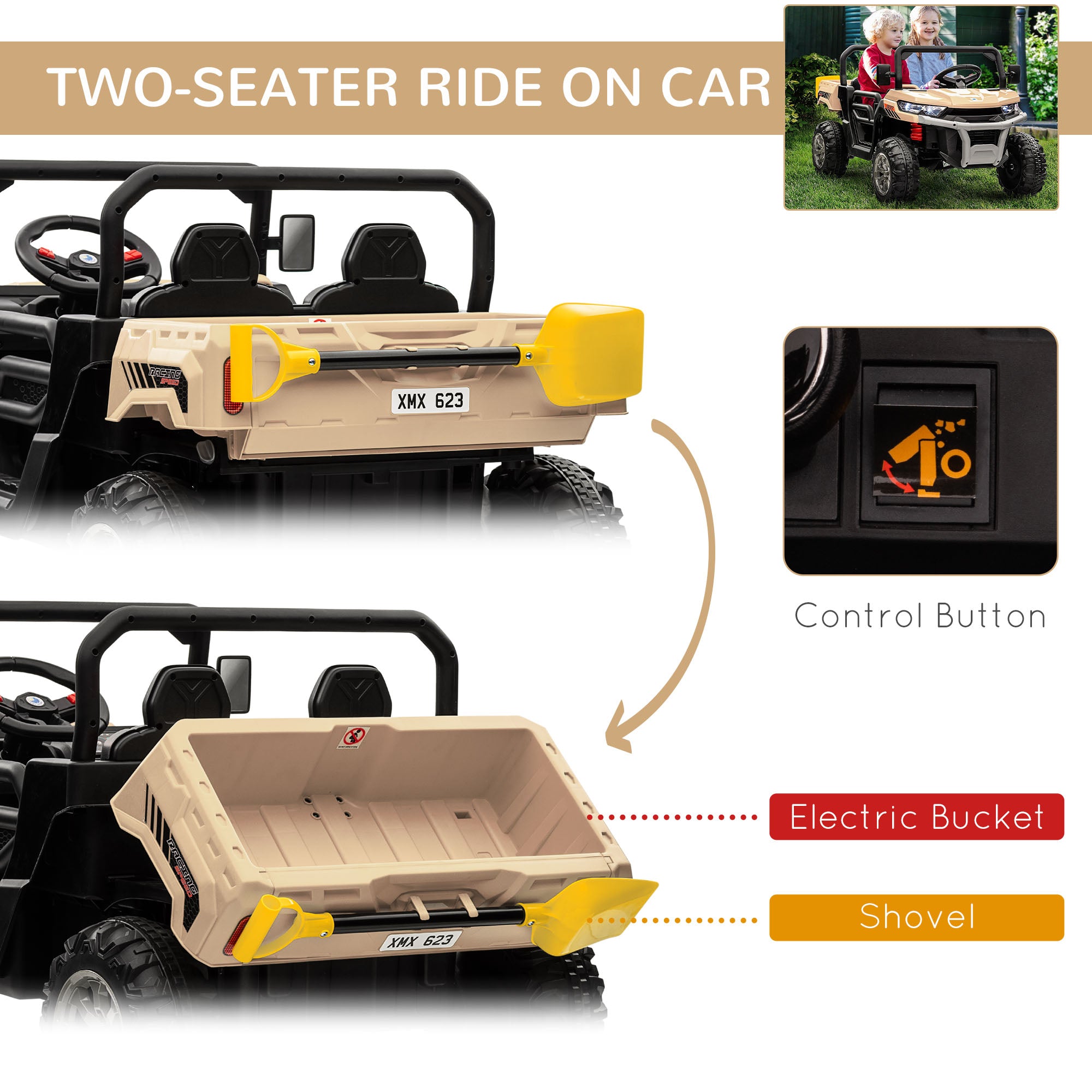 HOMCOM 12V 2 Seater Kids Electric Ride-On Car with Electric Bucket, Remote Control 12