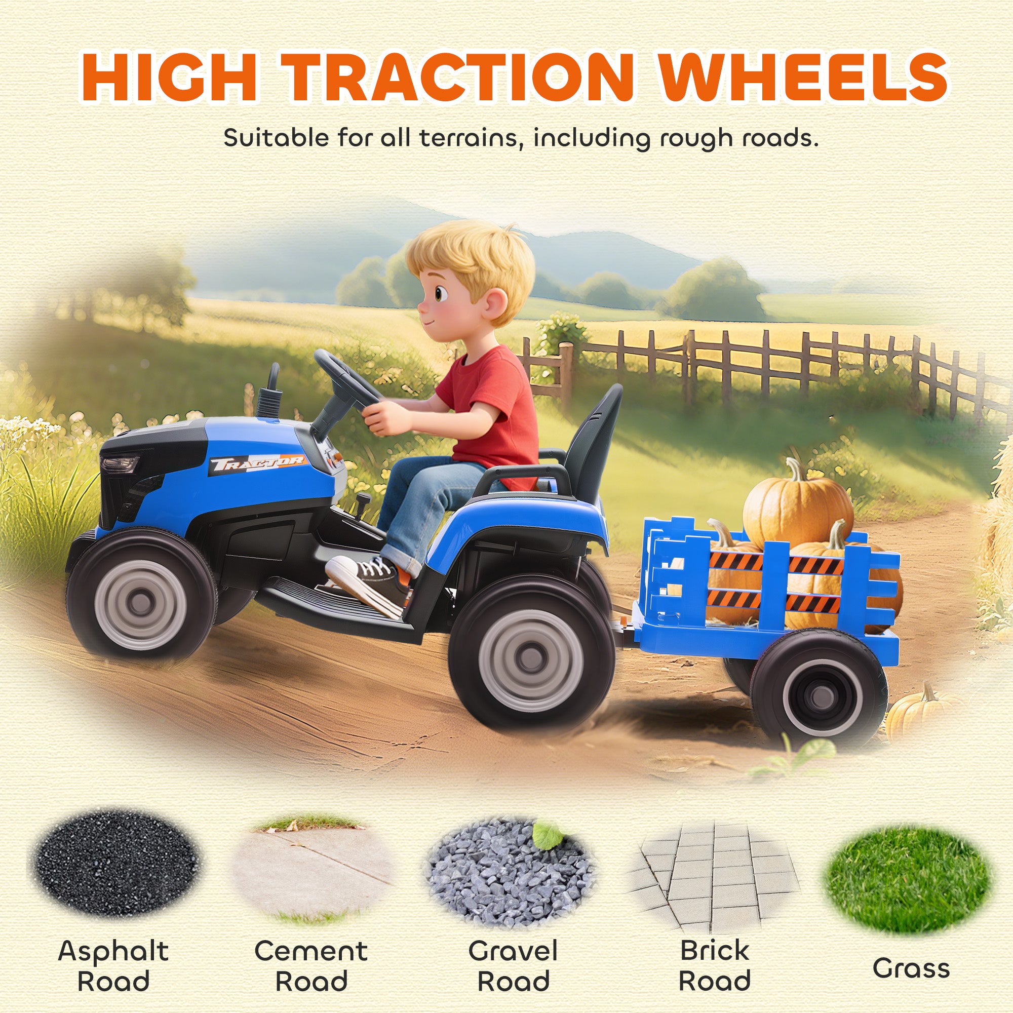 AIYAPLAY 12V Kids Ride-On Tractor with Trailer