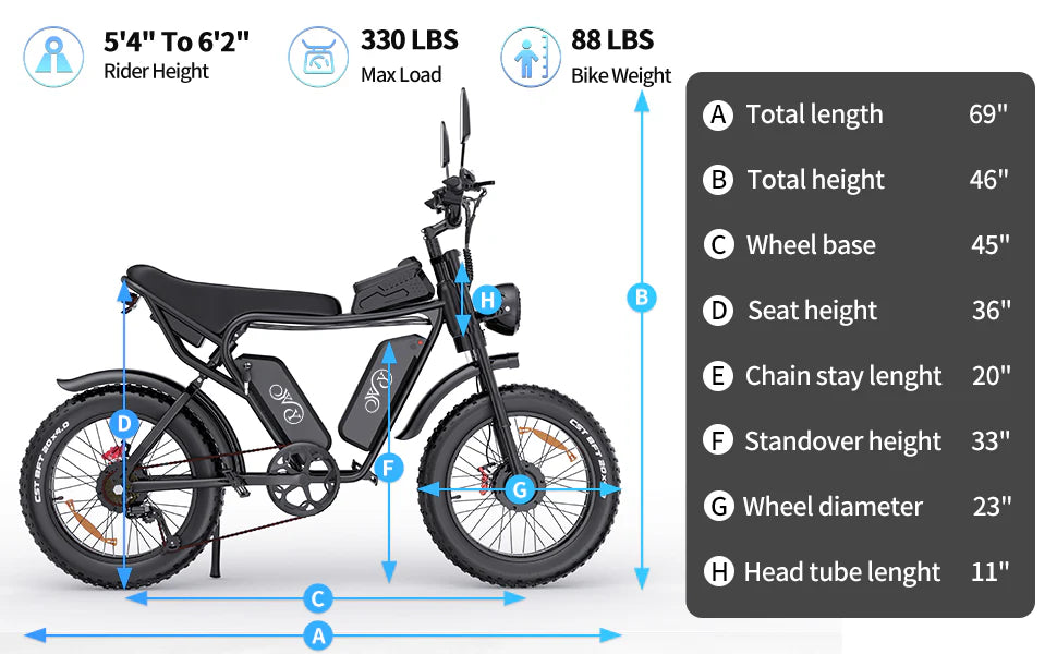 Ridstar Q20 Pro Electric Bike size and dimensions
