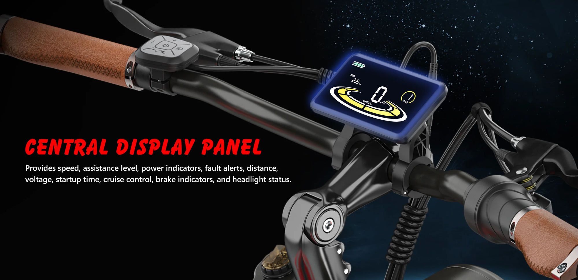 Close-up view of an electric bicycle’s handlebar showing a digital central display panel with speed, power, and other indicators. Text on the left describes the display’s features on a dark background.