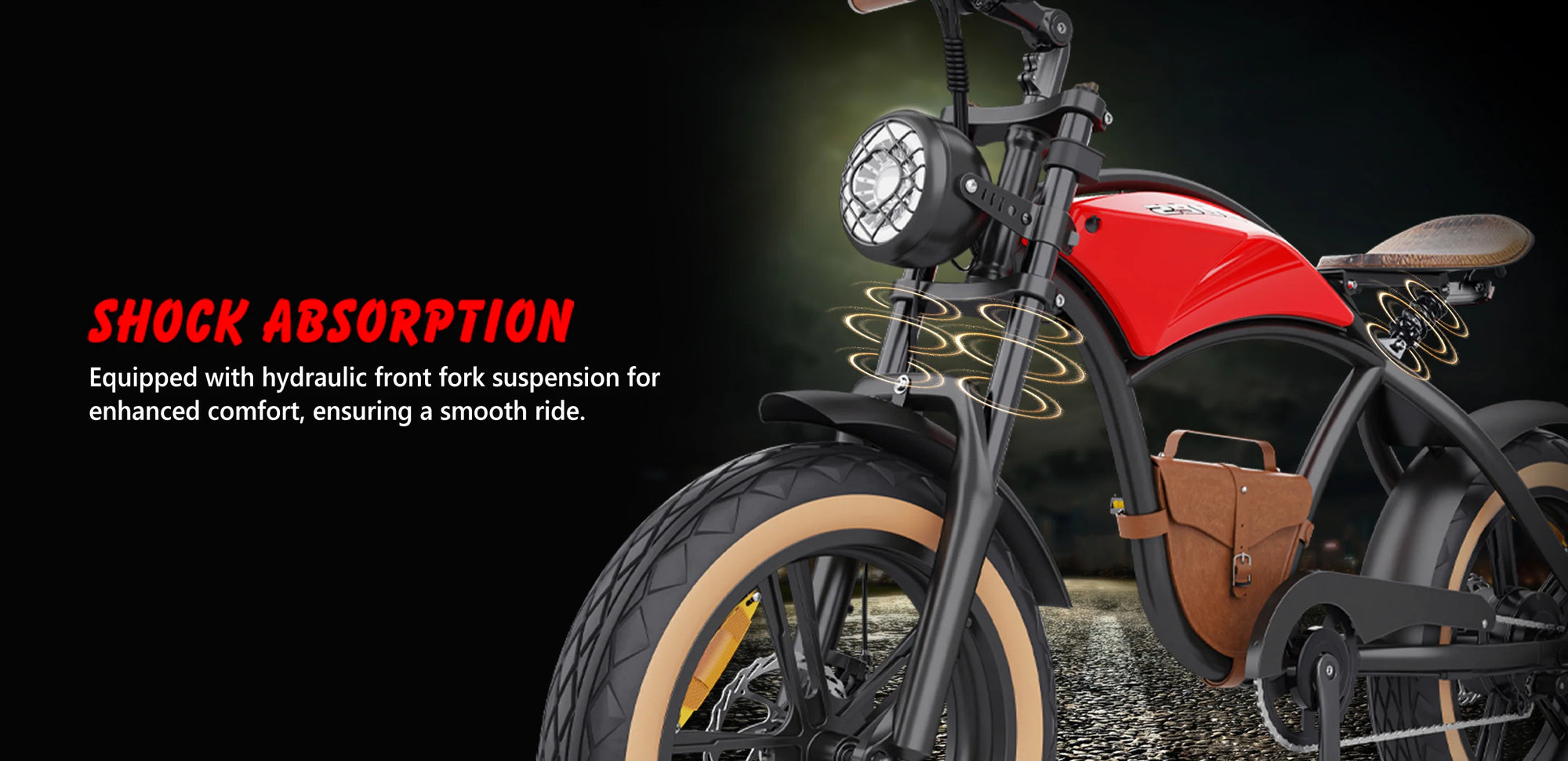 A red electric bike with visible front fork suspension and spring details, shown on a road. Text reads: Shock Absorption. Equipped with hydraulic front fork suspension for enhanced comfort, ensuring a smooth ride.