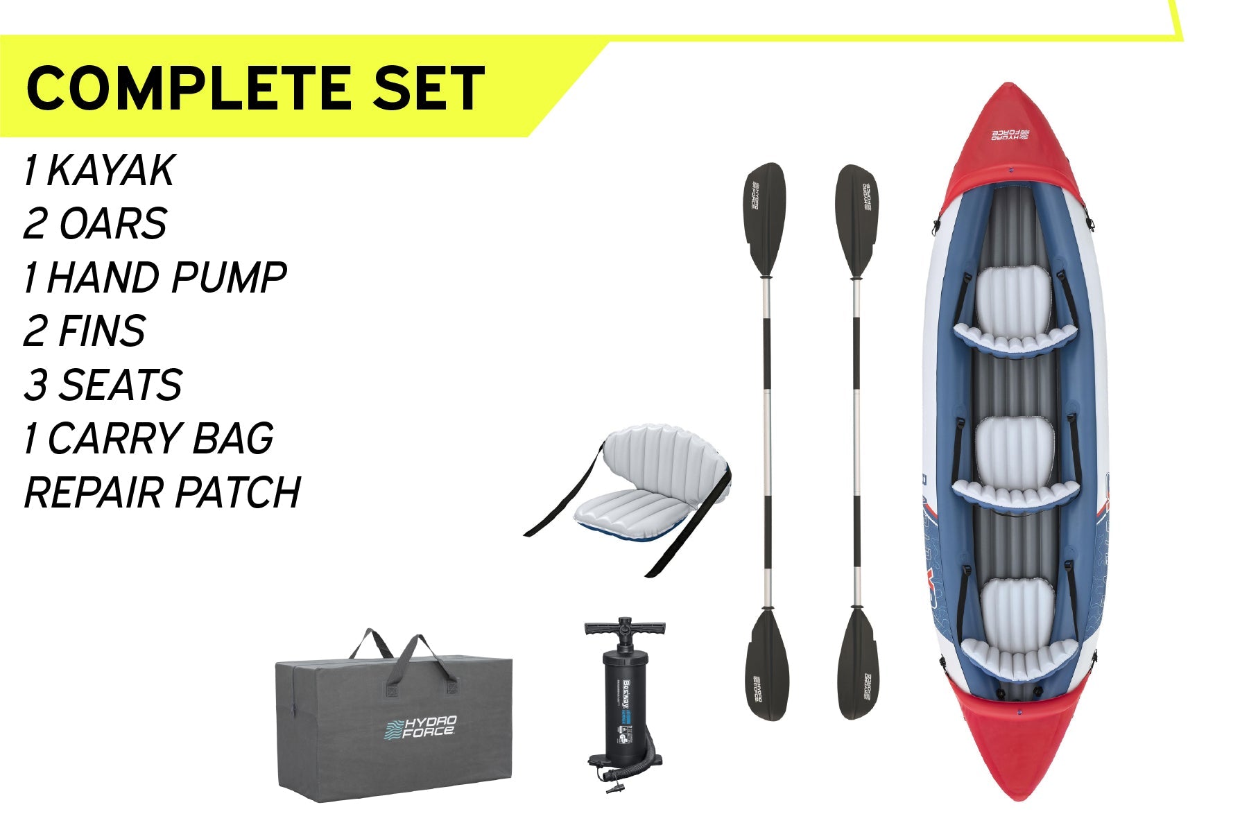 Bestway Hydro-Force Rapid X3 3 Person Inflatable Kayak Set - feature and size detail image