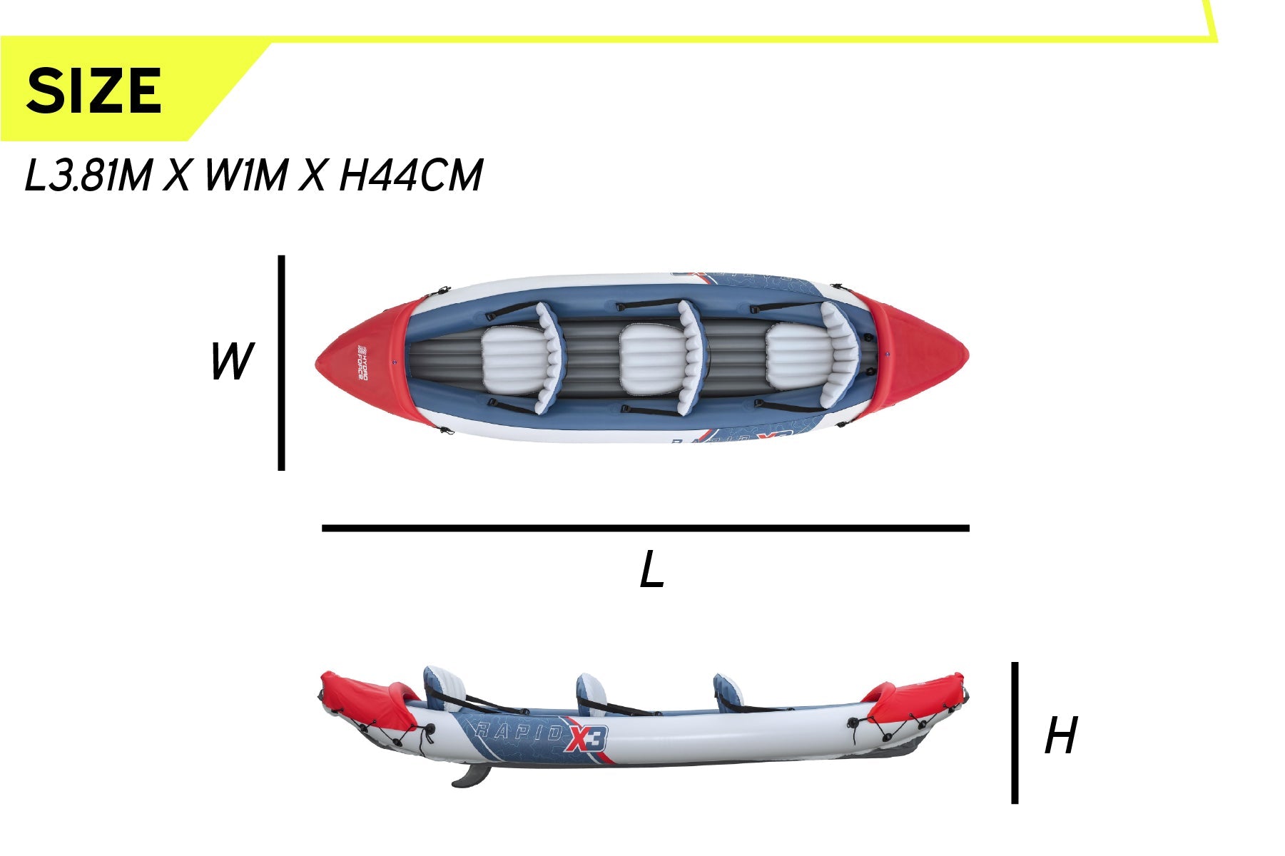 Bestway Hydro-Force Rapid X3 3 Person Inflatable Kayak Set - feature and size detail image
