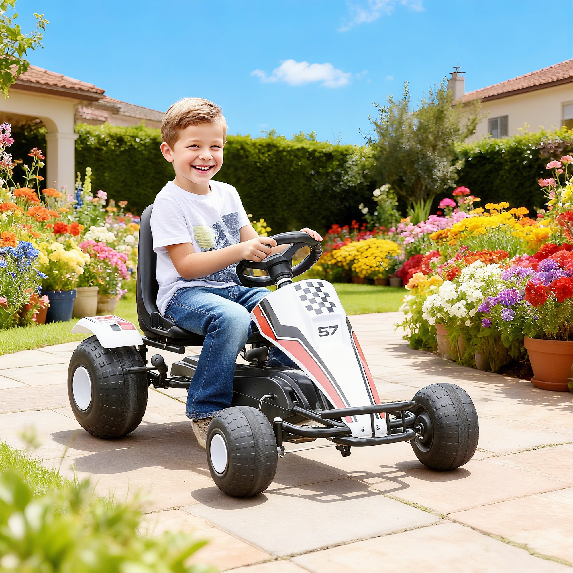 HOMCOM Kids Pedal Go Kart Manual Ride-On White 104x66cm