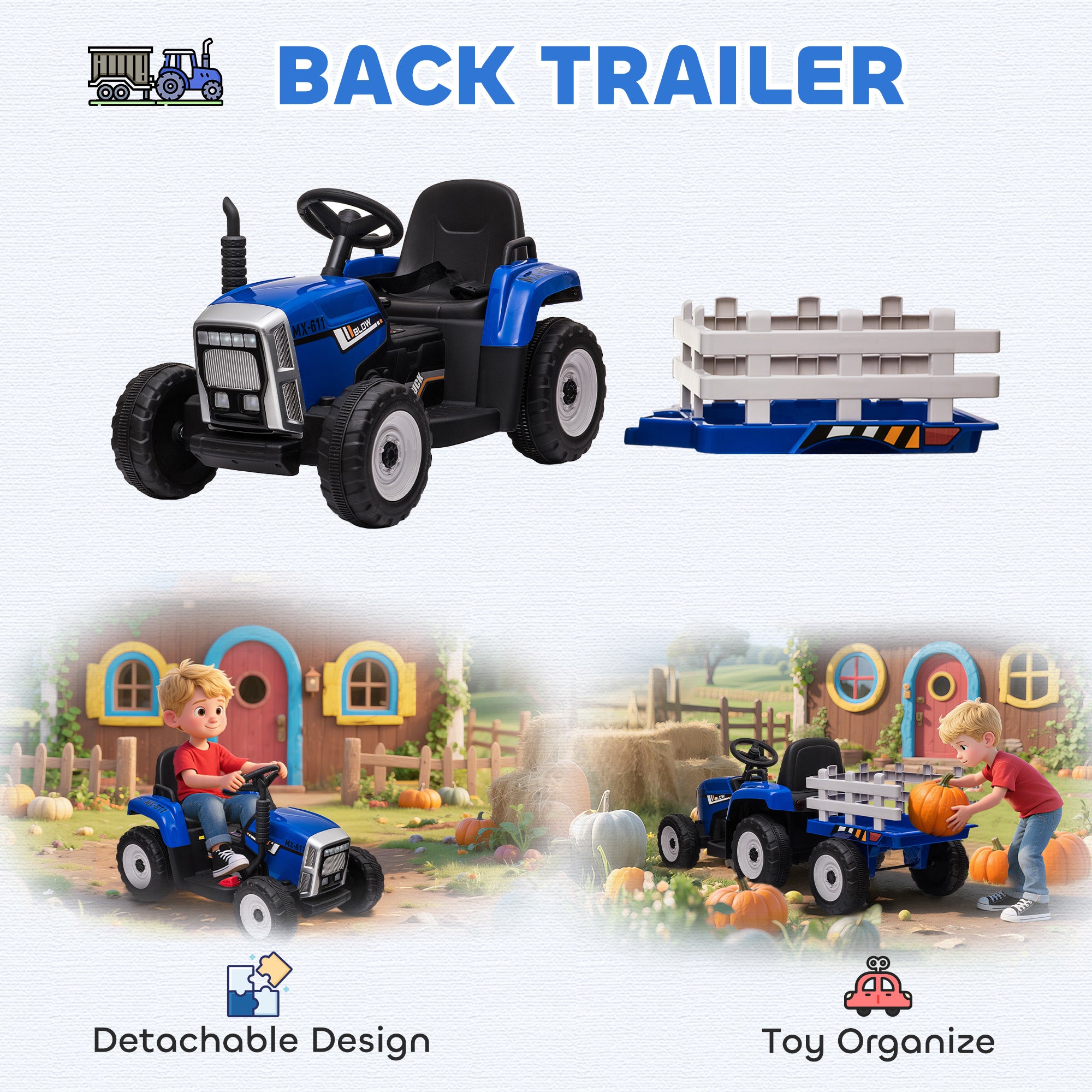 HOMCOM Kids Electric Ride-On Tractor with Trailer