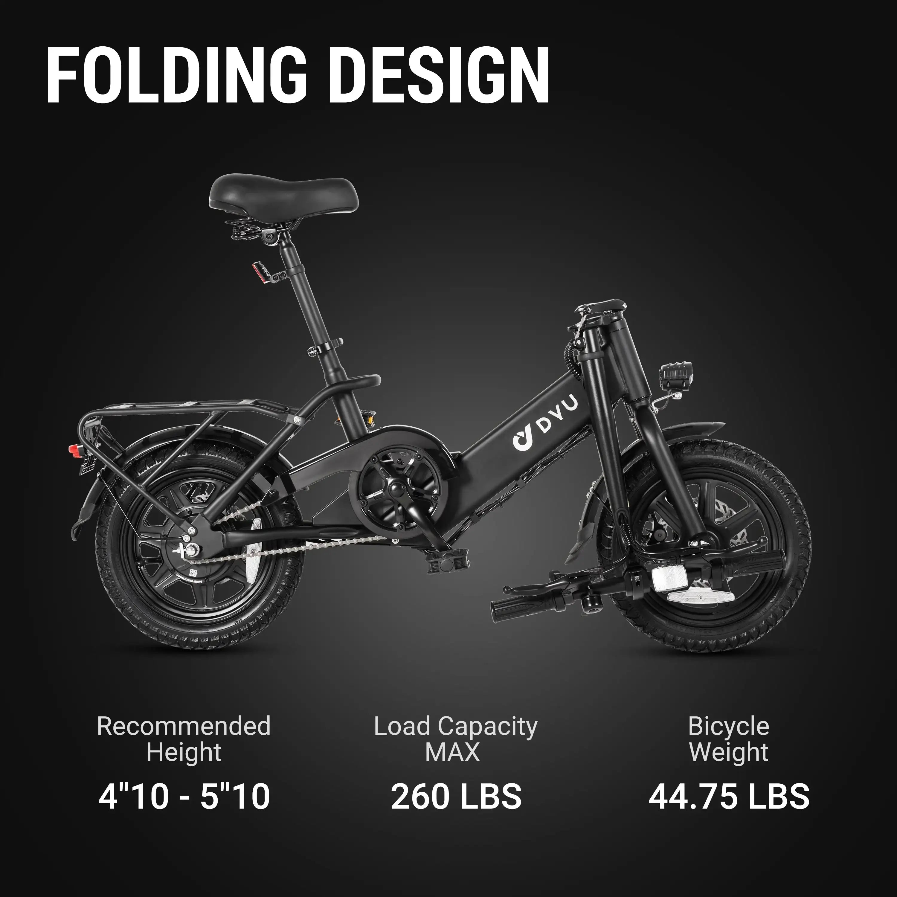 A black DYU C3 Mini Electric Bike is displayed against a dark background. Highlights include: suitable for riders 4'10"–5'10", max load 260 lbs, weighs 44.75 lbs, and features a powerful 250W rear motor for city commutes.
