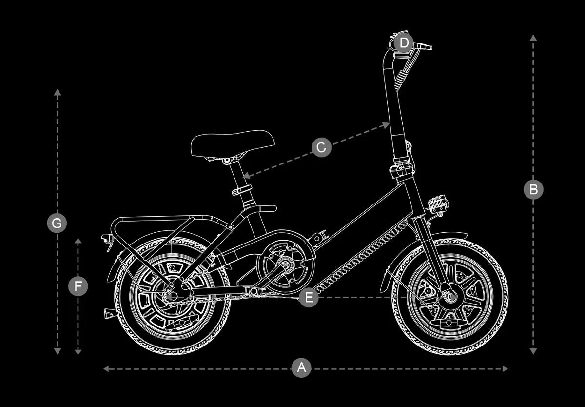 White line drawing of the DYU C3 Mini Electric Bike by DYU on a black background, with labeled measurement points: A (wheelbase), B (handlebar height), C (seat height), D (handlebar adjustment), E (crankset), F (rear wheel), G (overall height).