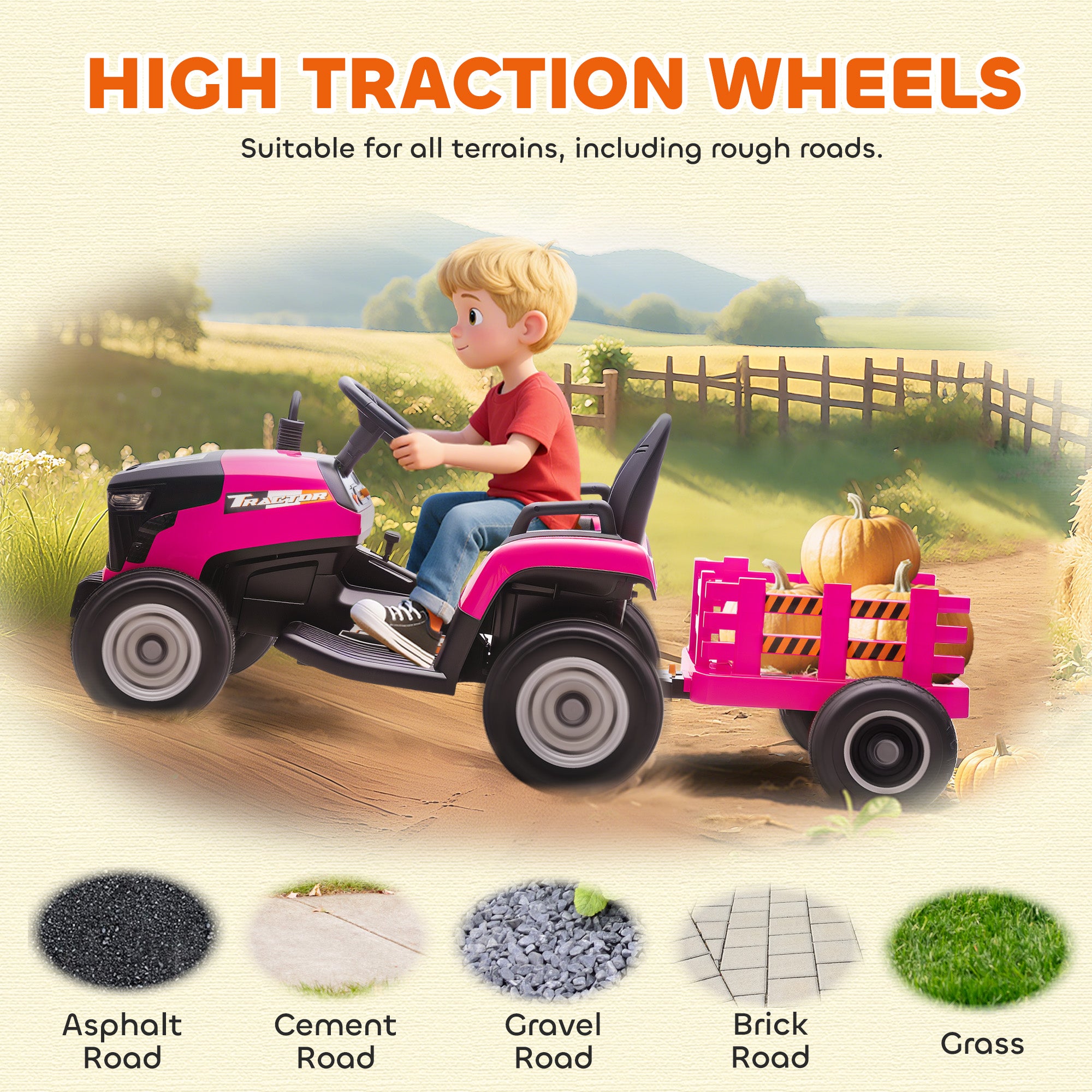 AIYAPLAY 12V Kids Ride-On Tractor with Trailer