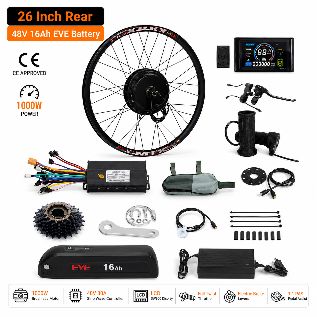 26 Inch Rear 48V 16Ah EVE Battery conversion kit contents