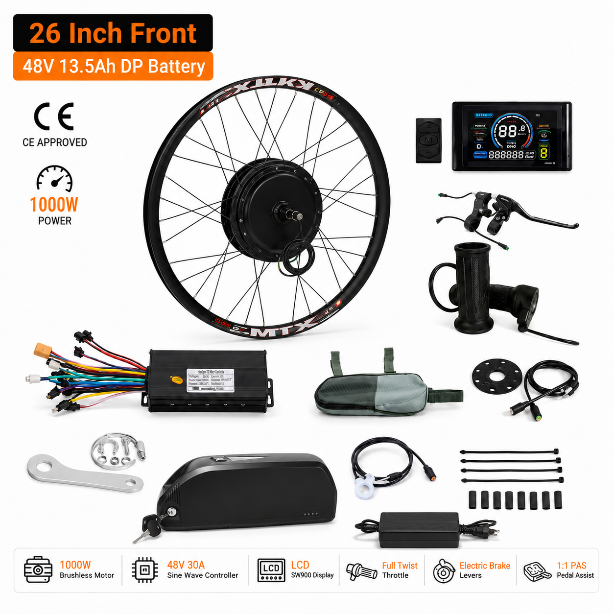 26 Inch Front 48V 13.5Ah DP Battery conversion kit contents