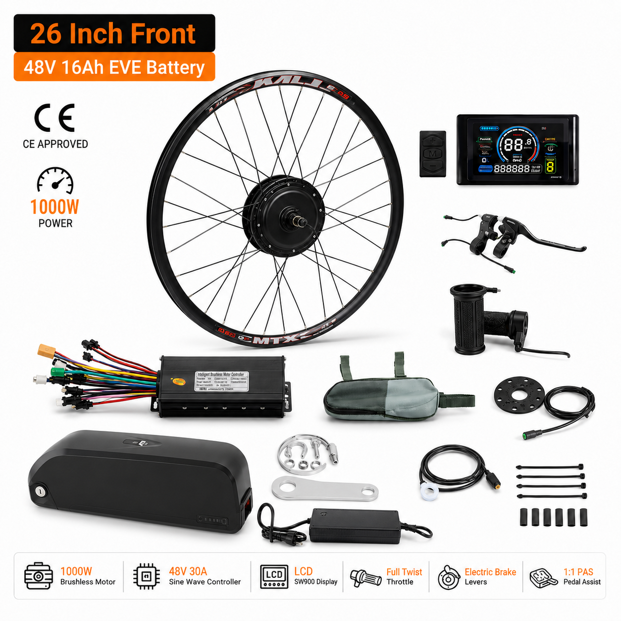 26 Inch Front 48V 16Ah EVE Battery conversion kit contents