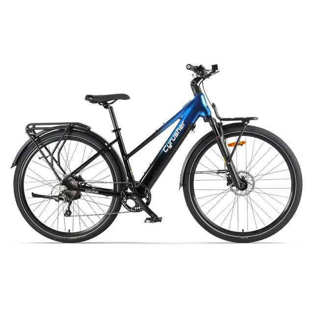 The Cyrusher Asuka Electric Bike by Cyrusher is shown in side profile against a white background, featuring a blue and black sturdy frame, 250W motor, front suspension, disc brakes, rear cargo rack, and road tires.