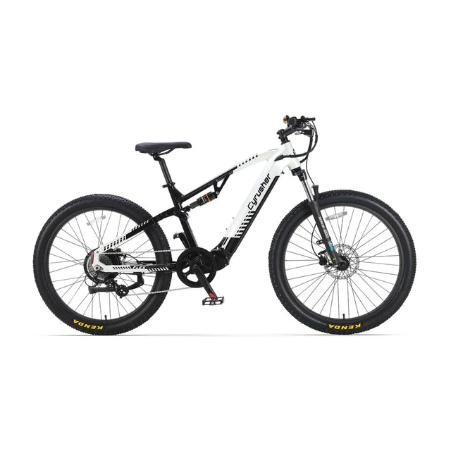 The Cyrusher Flex Electric Mountain Bike by Cyrusher, shown in side view on a white background, features a white and black folding frame, front suspension, disc brakes, and knobby Kenda tires.