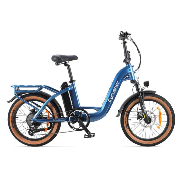 The Cyrusher Nova Electric Bike by Cyrusher is a blue step-through city e-bike with a 250W motor, front and rear fenders, rear cargo rack, headlight, and brown tires, shown from the side on a white background.