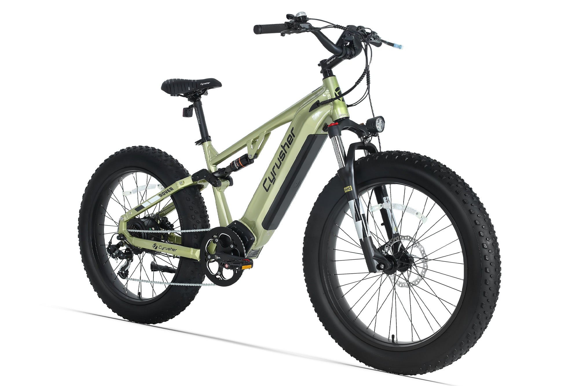 Cyrusher Rover green full-suspension electric bike