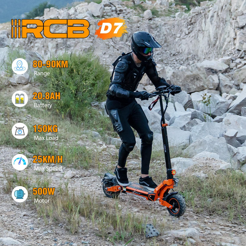 A person in black protective gear and helmet rides an orange RCB D7 electric scooter off-road. Text on the image lists specs: 80-90km range, 20.8Ah battery, 150kg max load, 25km/h max speed, 500W motor.