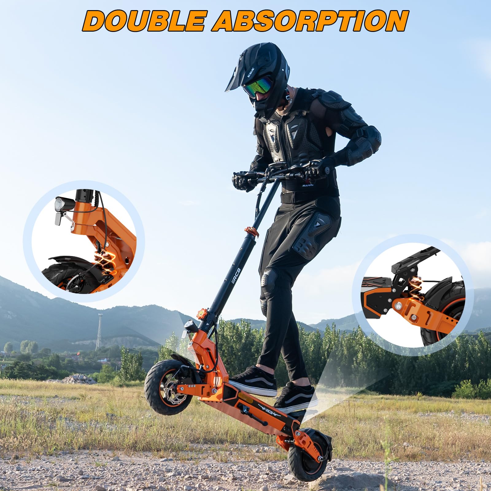 A person in black protective gear and helmet rides an orange electric scooter off-road, mid-air, with text DOUBLE ABSORPTION above and close-up insets highlighting the scooters suspension features.