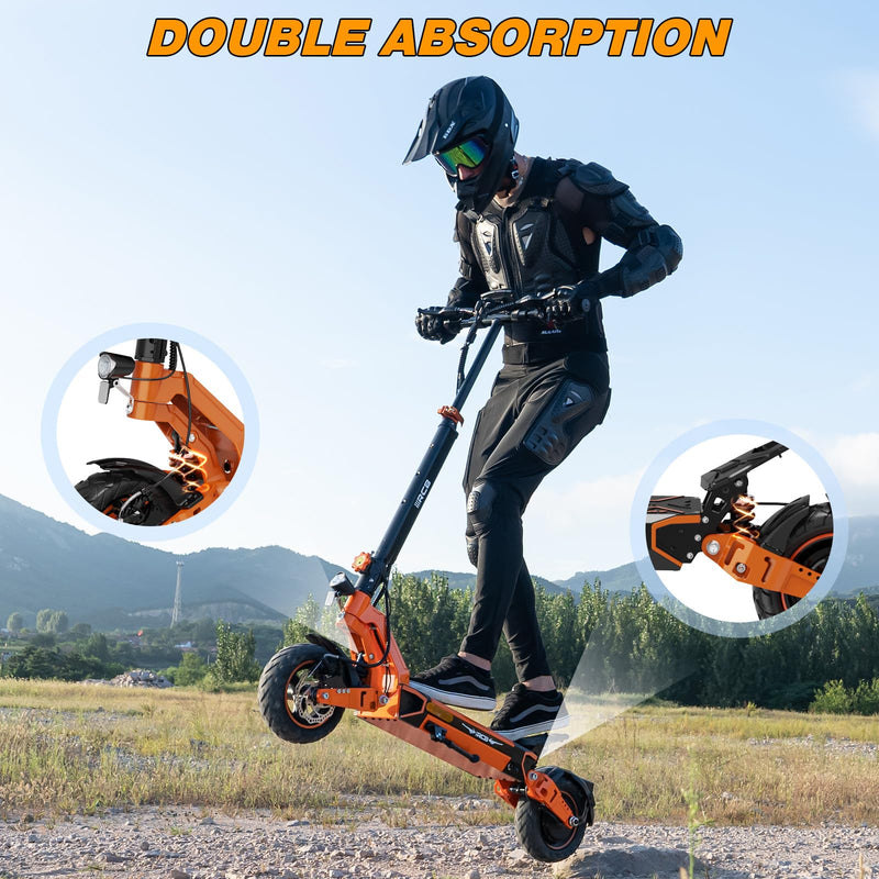 A person in black protective gear and helmet rides an orange electric scooter off-road, mid-air, with text DOUBLE ABSORPTION above and close-up insets highlighting the scooters suspension features.