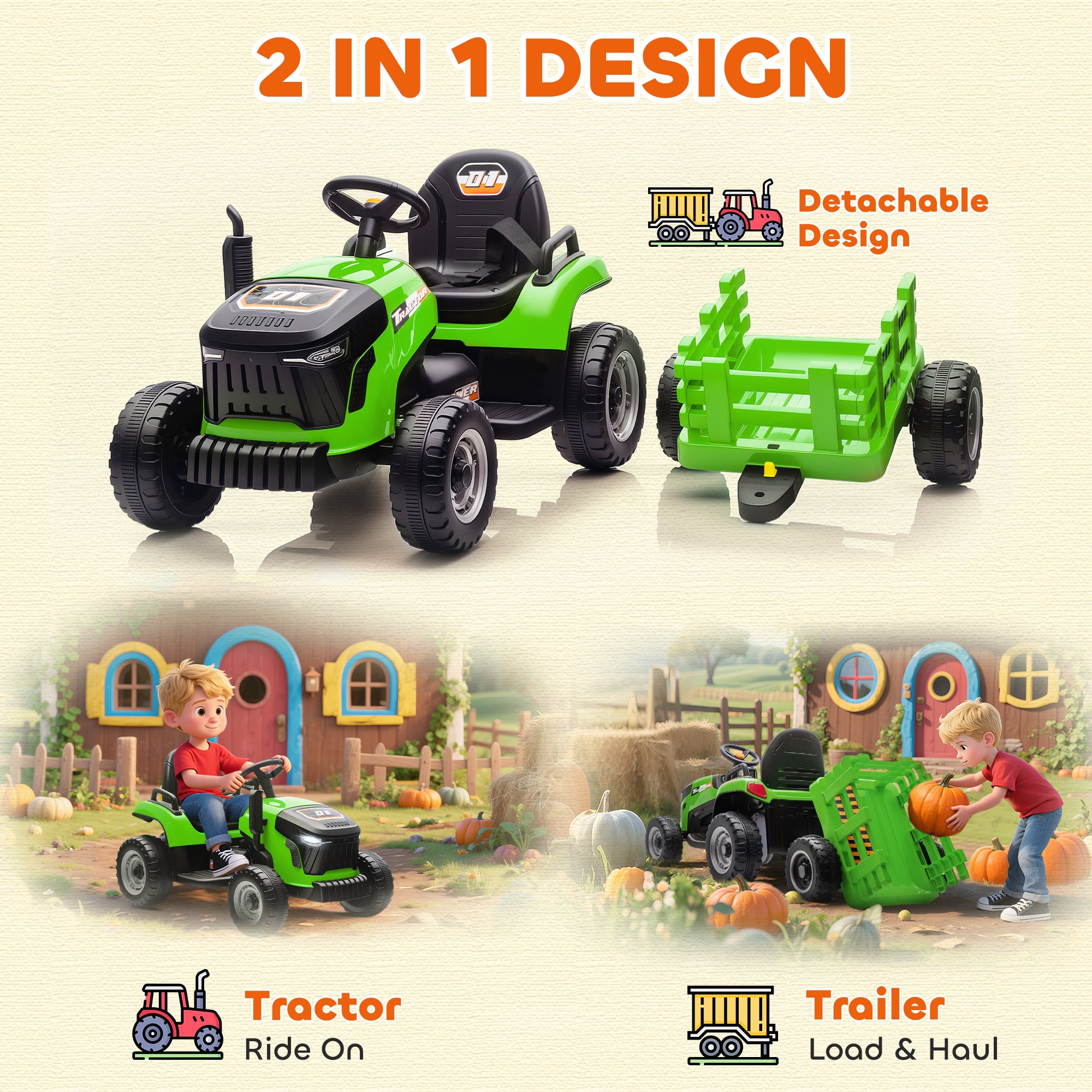 AIYAPLAY 12V Kids Ride-On Tractor with Trailer