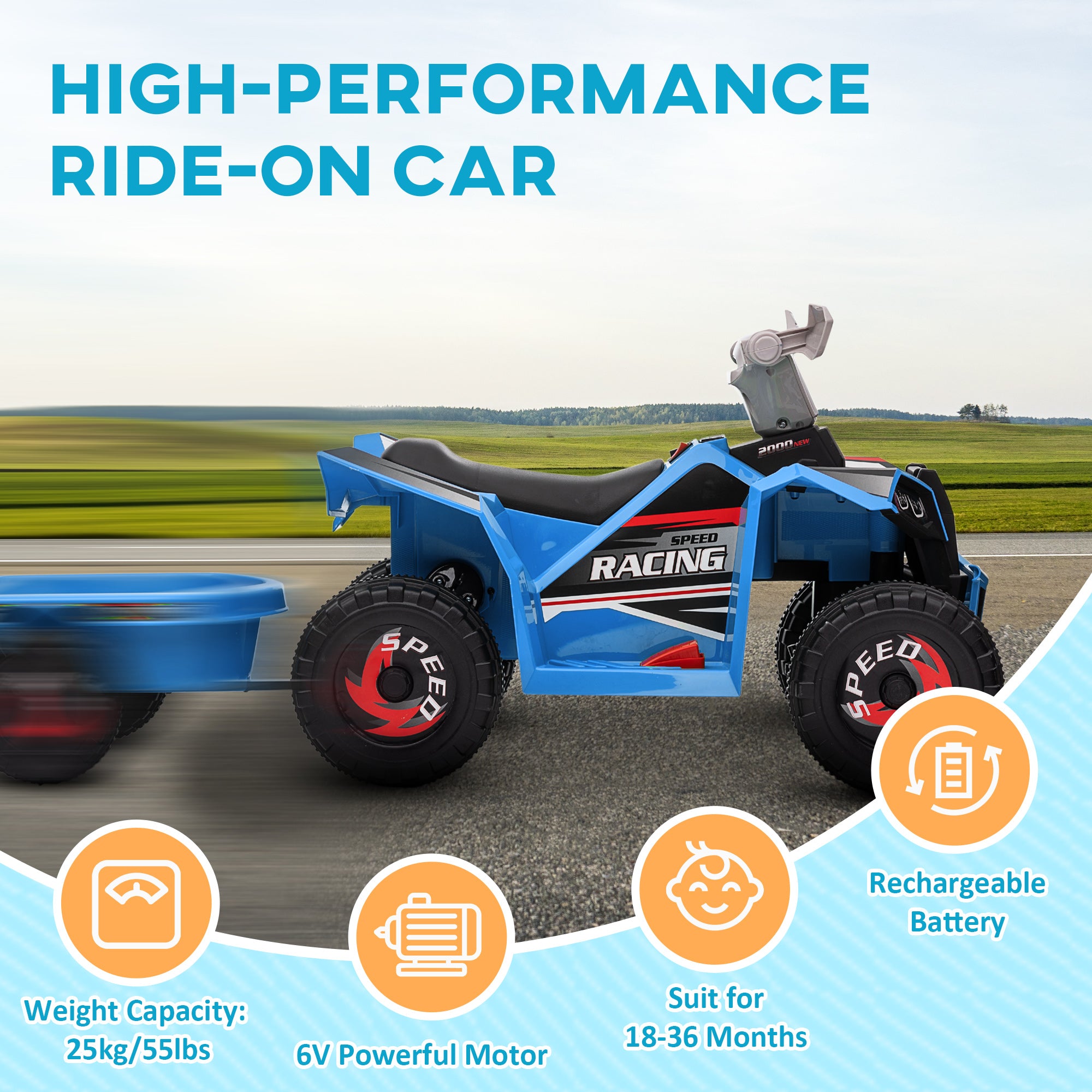 HOMCOM 6V Kids Quad Bike with Trailer - Blue