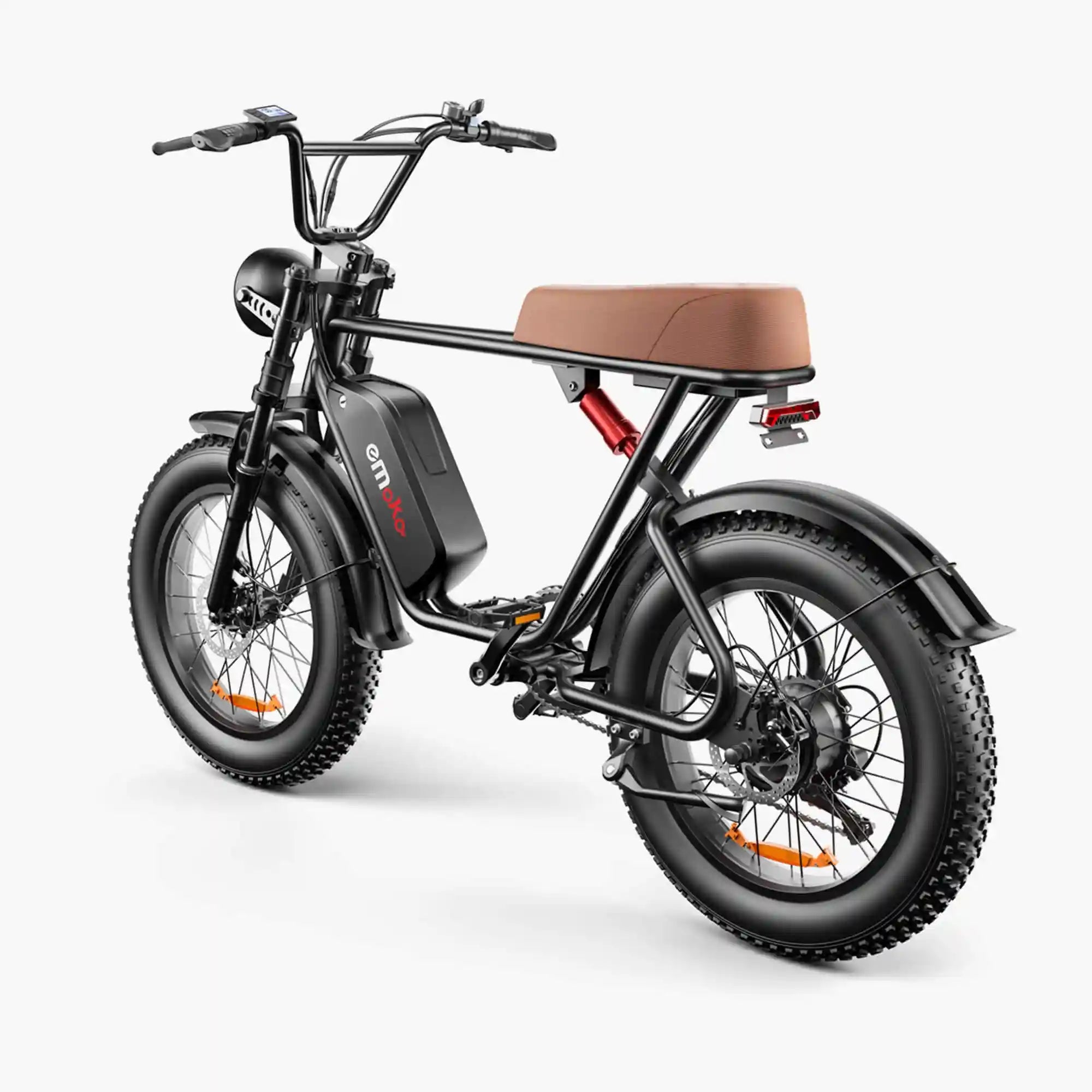 Emoko C91 electric bike rear three-quarter view with brown seat