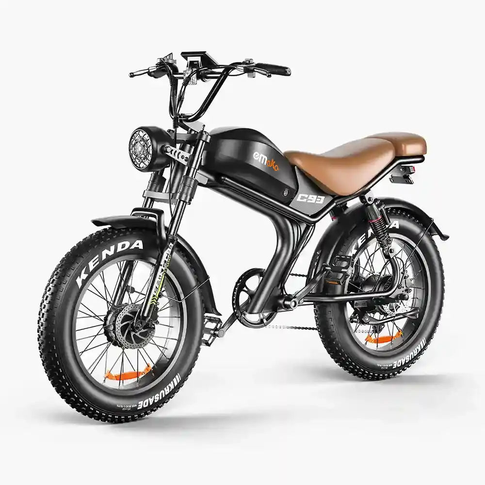 Emoko C93 electric bike front three-quarter view with brown seat