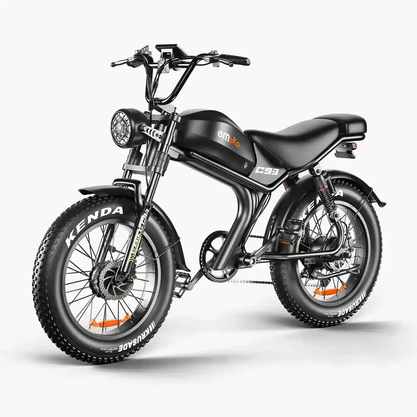 Emoko C93 electric bike front three-quarter view with black seat
