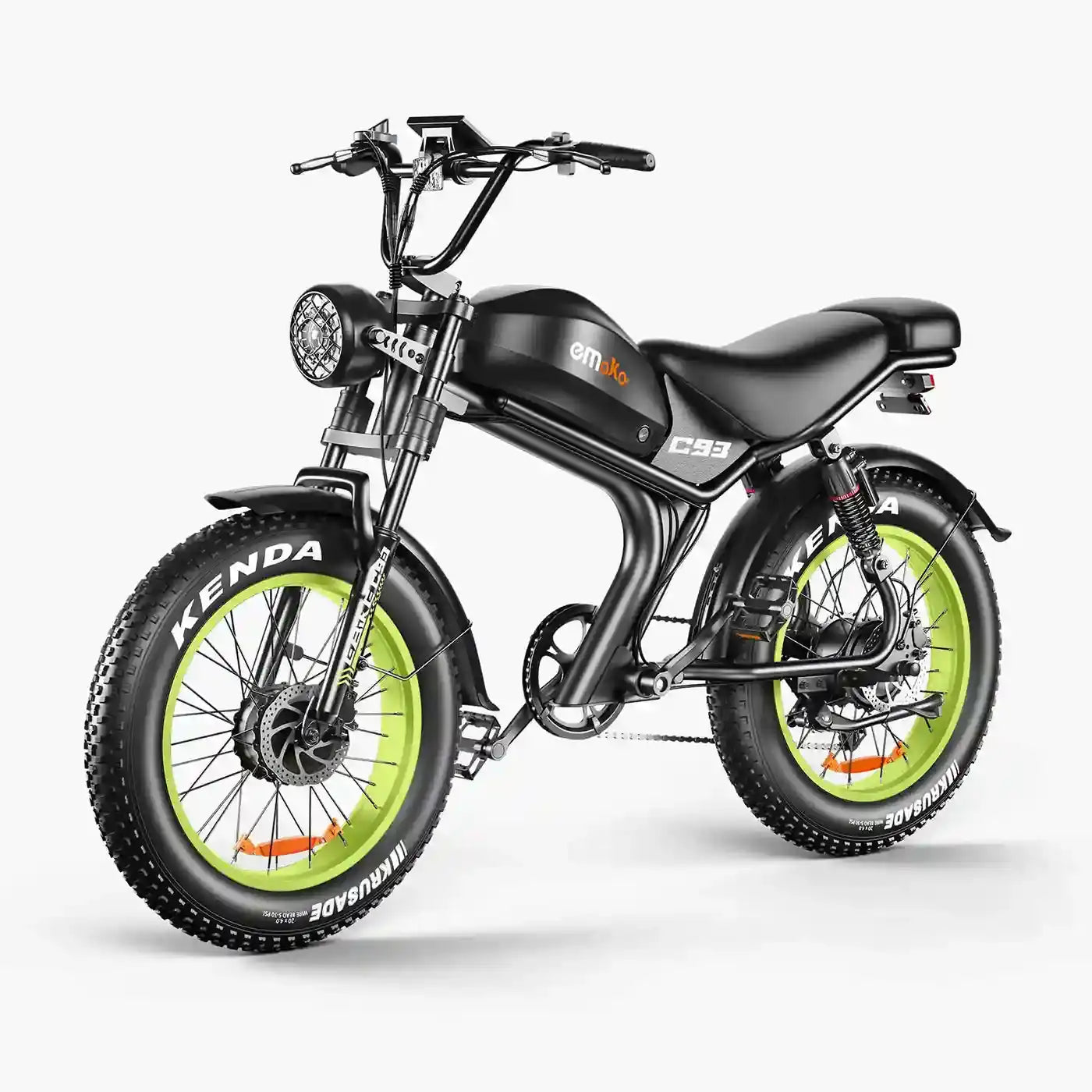 Emoko C93 electric bike front three-quarter view with black seat and green wheel accents
