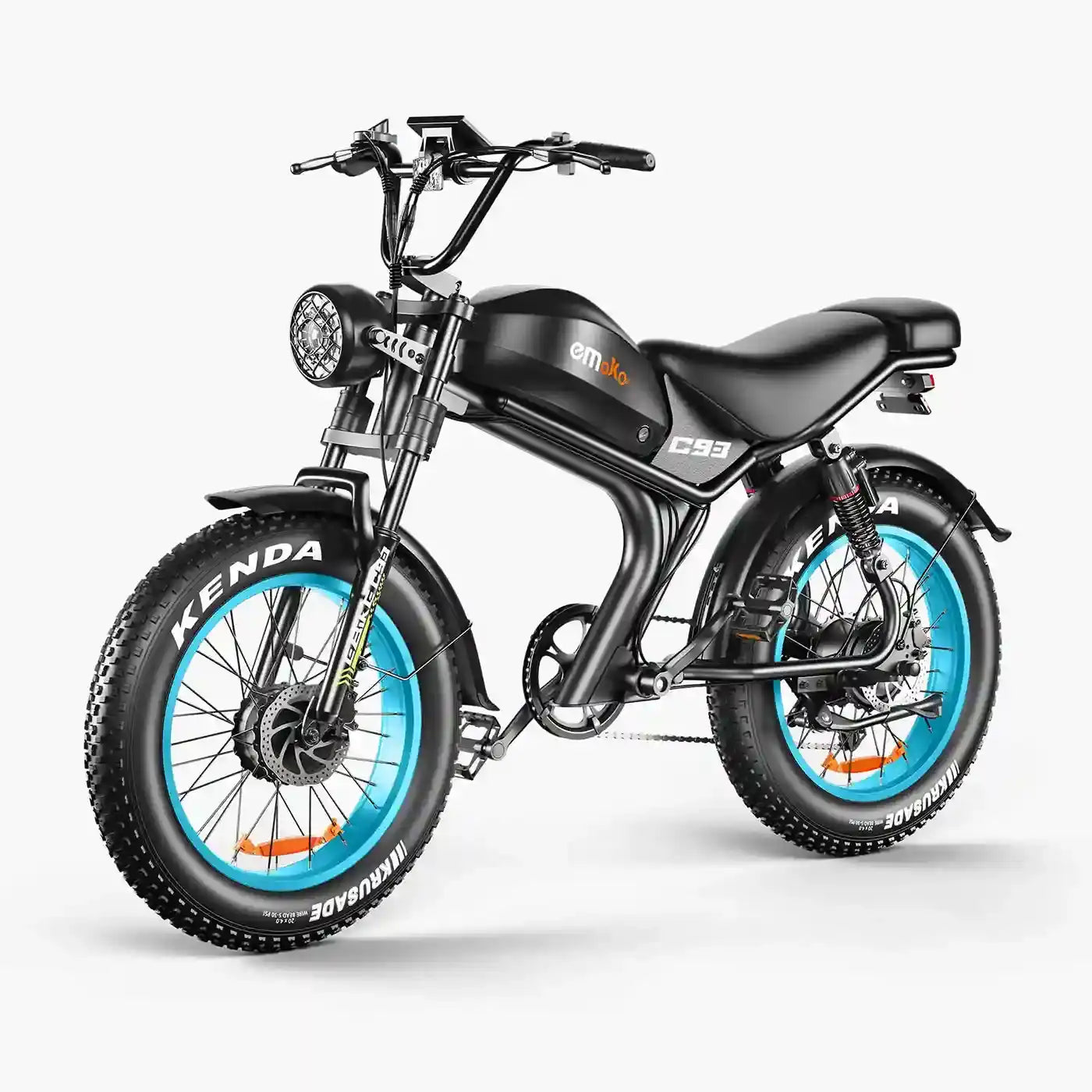 Emoko C93 electric bike front three-quarter view with black seat and blue wheel accents