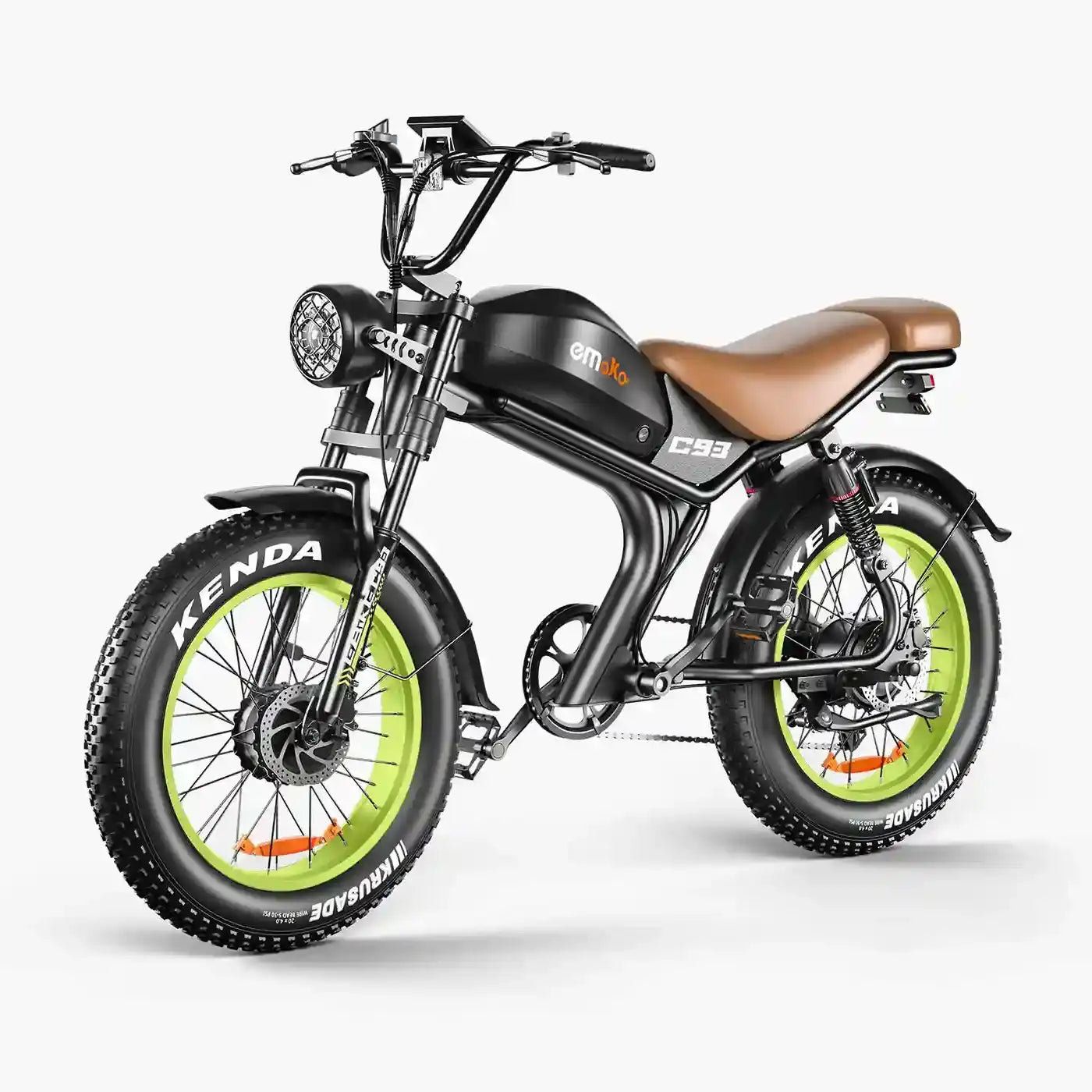 Emoko C93 electric bike front three-quarter view with brown seat and green wheel accents