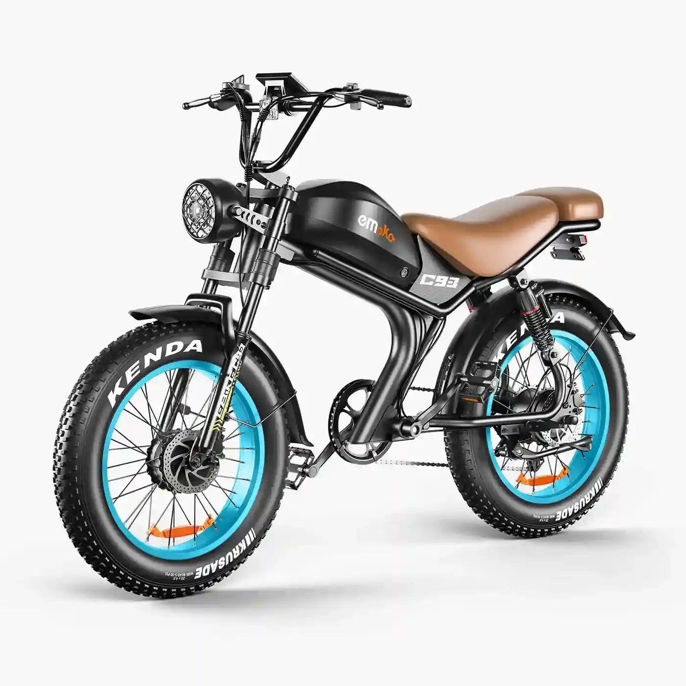 Emoko C93 electric bike front three-quarter view with brown seat and blue wheel accents