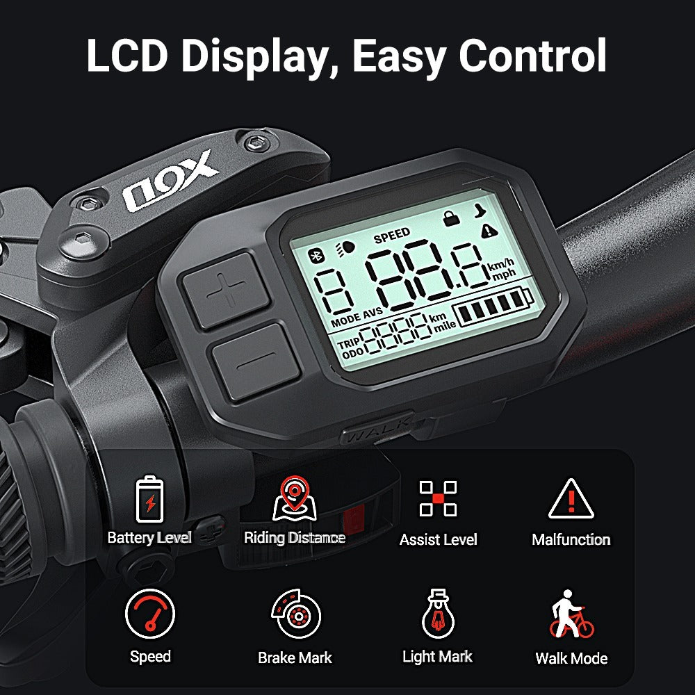 Close-up of an e-bike handlebar showing an LCD display with speed, mode, battery, and distance info. Icons below indicate features like battery level, riding distance, assist, malfunction, speed, brake, light, and walk mode.