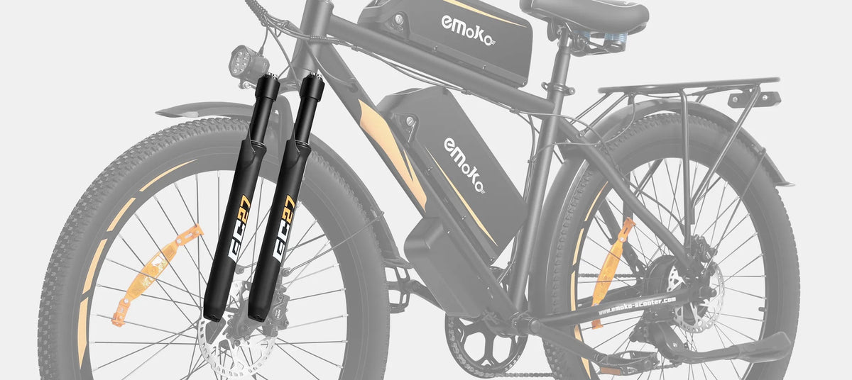 Emoko EC27 electric bike front suspension close-up