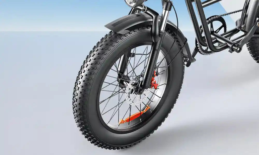 Emoko C99 electric bike fat tyre and front brake close-up